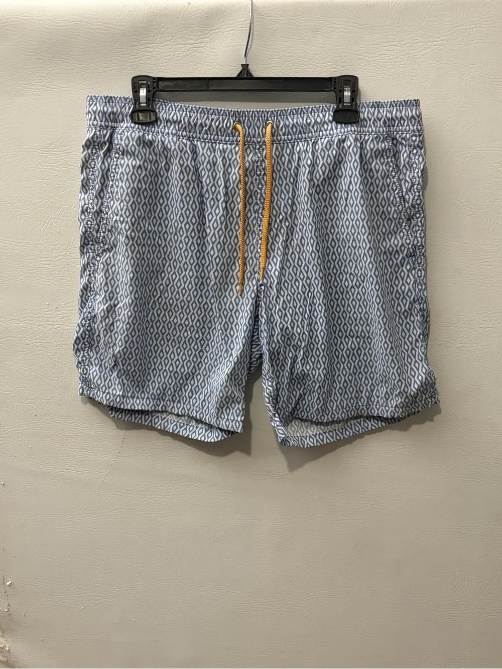J Crew Men's Light Blue Geometric Swim Shorts with Yellow Drawstring